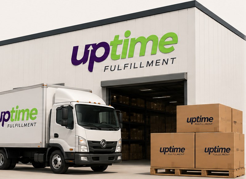 Uptime Fulfillment truck and warehouse loading pallets of branded boxes