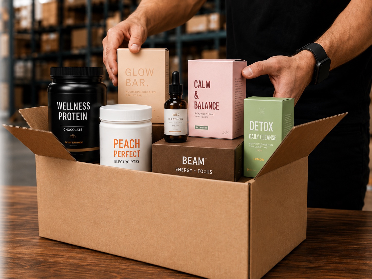 Health, wellness and beauty products being packed into a shipping box at an Uptime fulfillment station