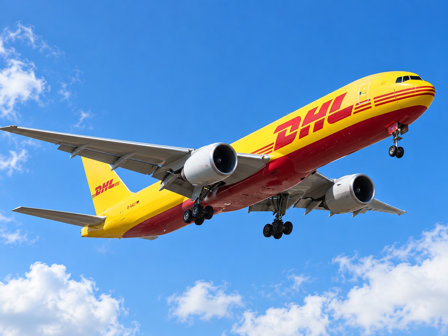 DHL cargo plane in flight - international DDP shipping from Uptime to the UK, Canada, Australia and New Zealand