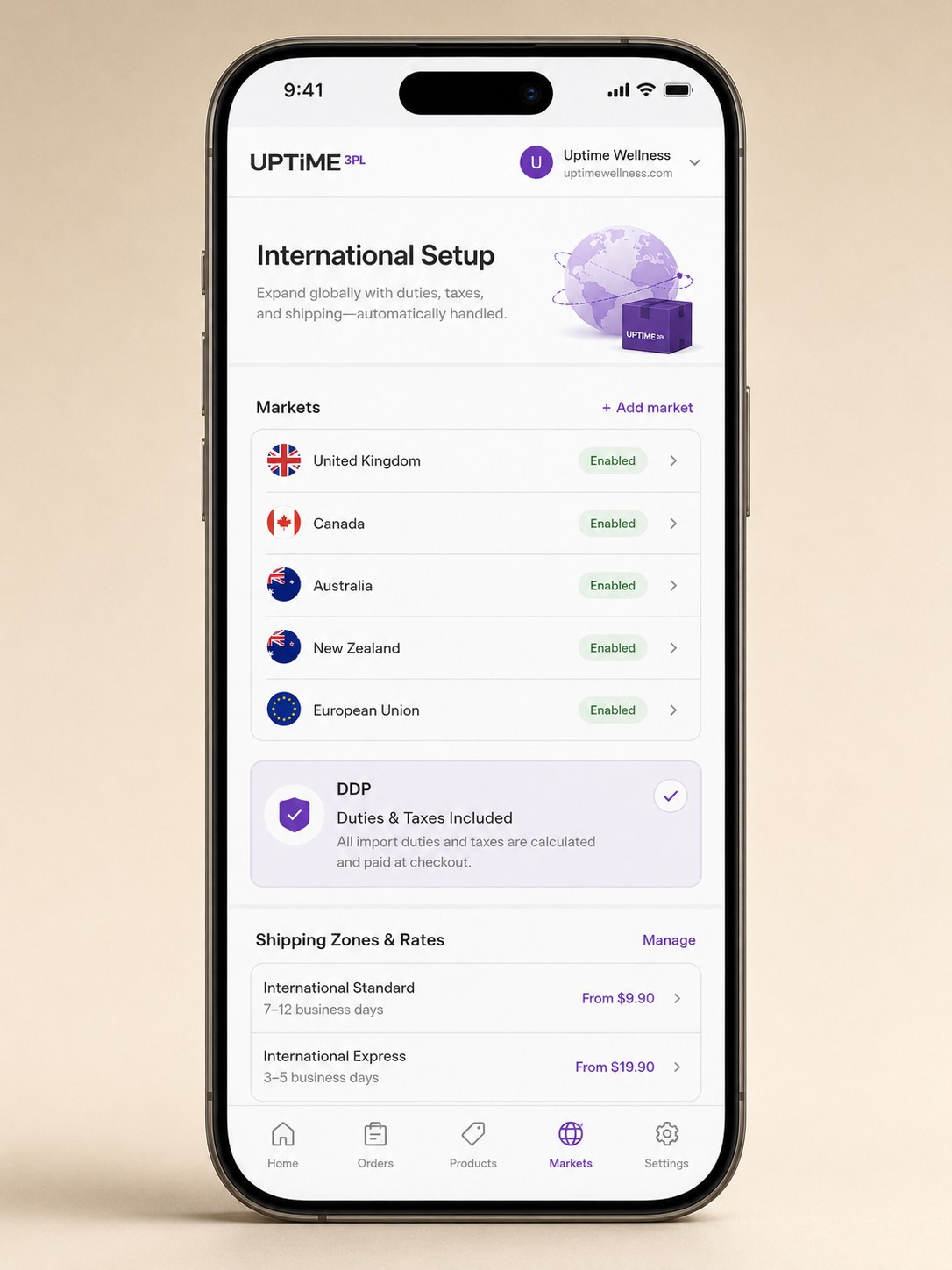 High resolution mobile dashboard showing international setup and enabled markets