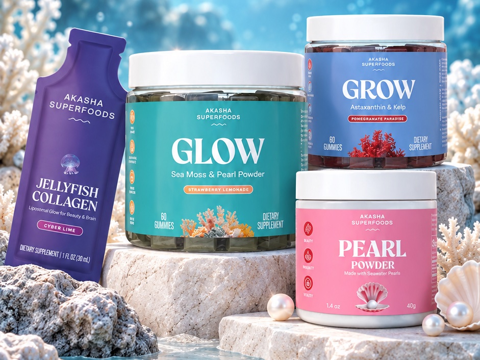 Akasha Superfoods bundle of gummies, pearl powder and collagen packet assembled by Uptime