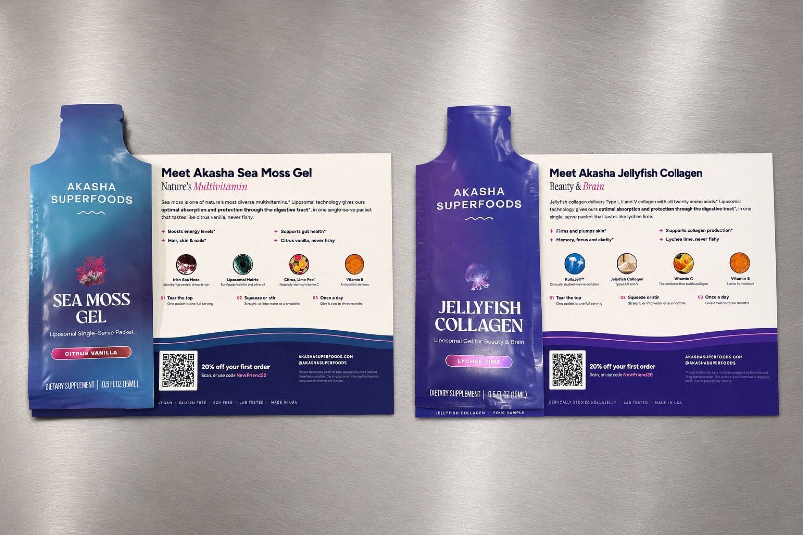 Akasha Superfoods sample packets mounted on printed insert cards, ready for kitting
