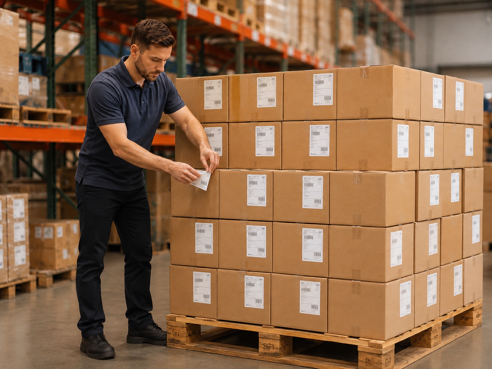 Retail order pallet being labeled in the warehouse